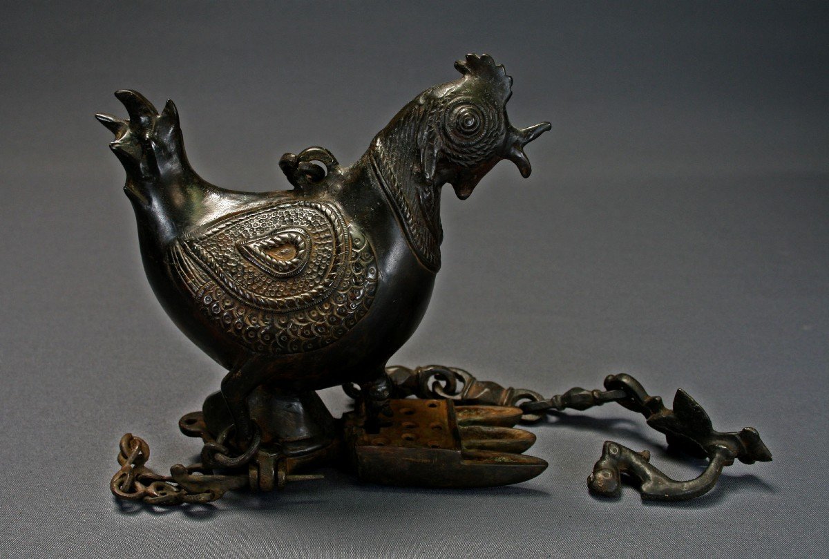 Antique Bronze Hanging Oil Lamp In The Form Of A Rooster Chicken. Mughal India. Indian-photo-2