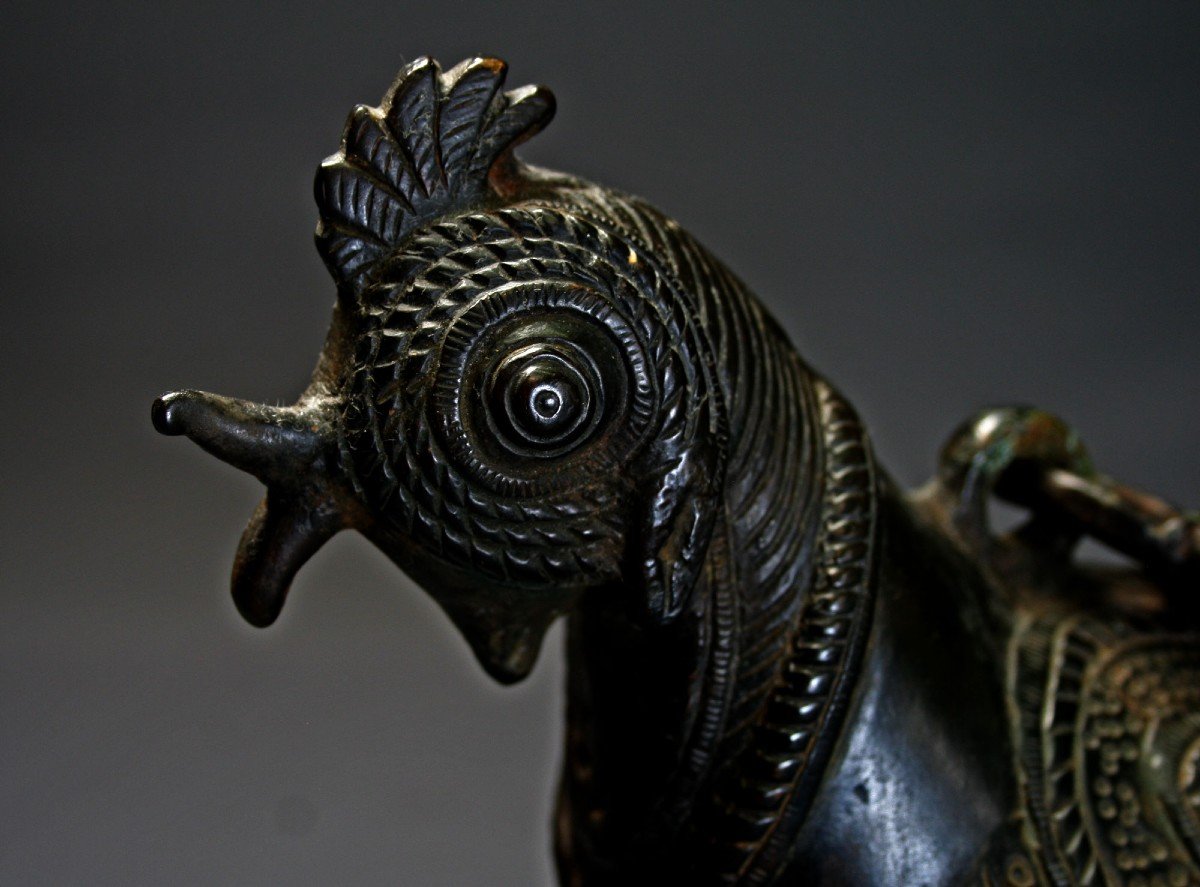 Antique Bronze Hanging Oil Lamp In The Form Of A Rooster Chicken. Mughal India. Indian-photo-4
