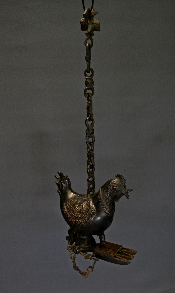Antique Bronze Hanging Oil Lamp In The Form Of A Rooster Chicken. Mughal India. Indian
