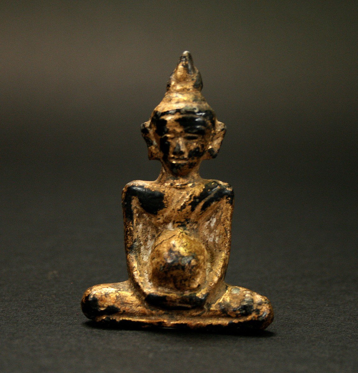 Bouddha Ancien En Bronze Doré - Rare Il A l'Air Enceinte !-photo-2