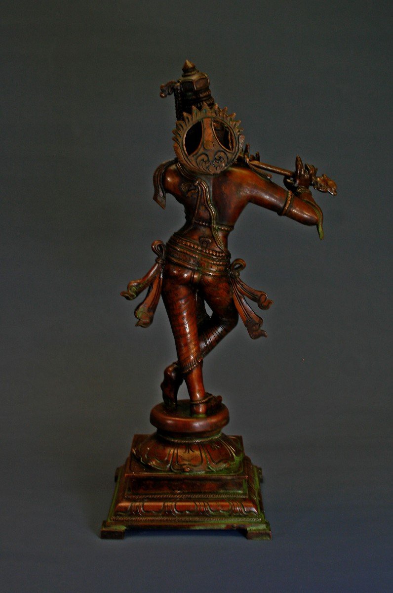 Krishna Jouant De La Flûte, Bronze Indien, Début XXème Inde, Déesse Hindoue.-photo-3