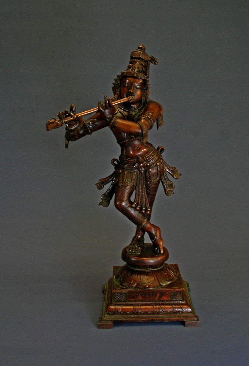 Krishna Jouant De La Flûte, Bronze Indien, Début XXème Inde, Déesse Hindoue.
