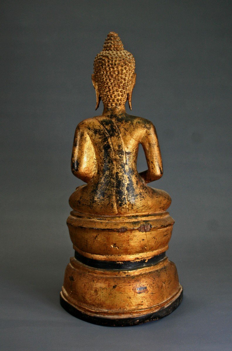 Bouddha Antique Thaïlandais Ou Laos En Bois Sculpté, Laqué Et Doré - Clin d'œil-photo-3