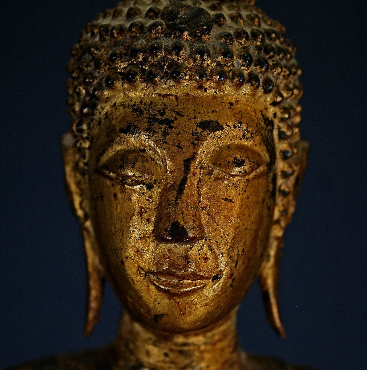 Antique Thai Or Laos Buddha Carved Lacquered & Gilded Wood - Winking !-photo-1