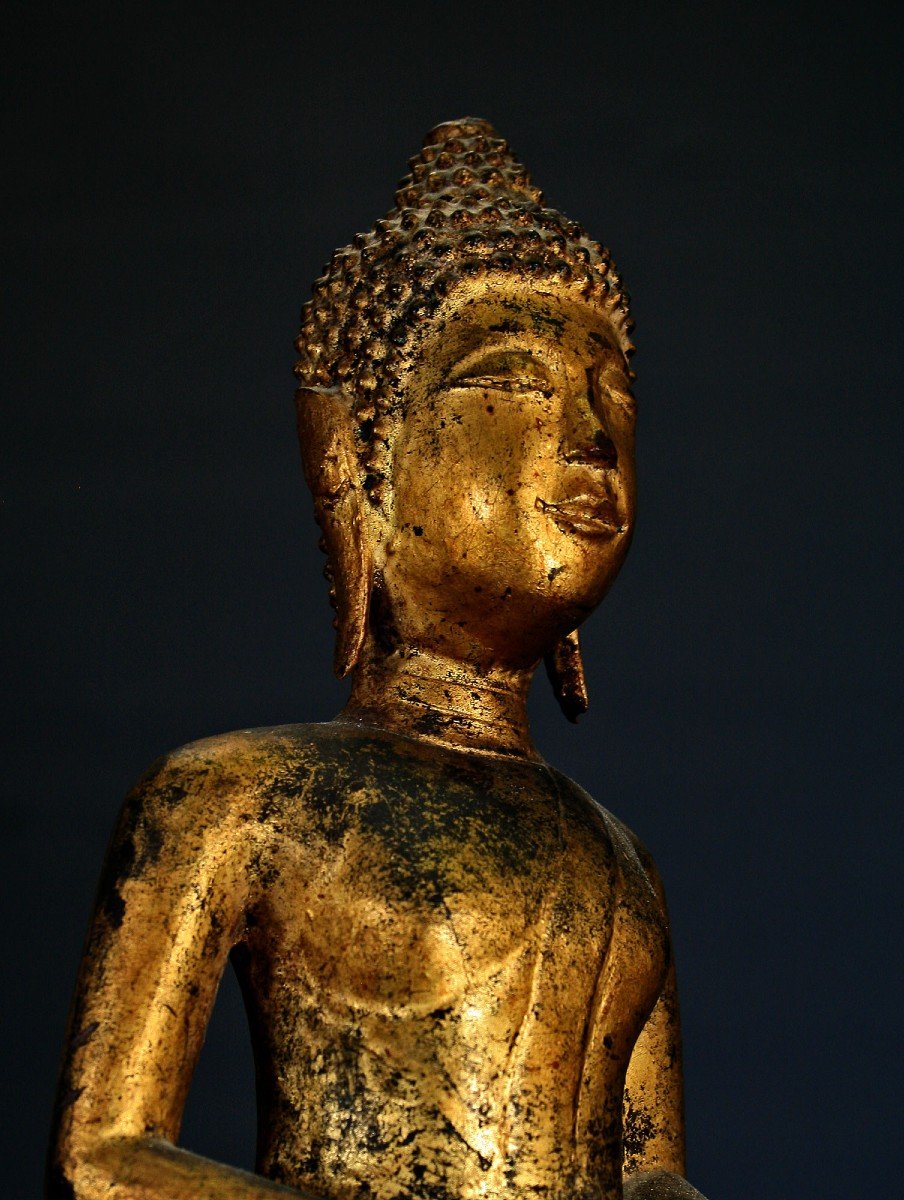 Bouddha Antique Thaïlandais Ou Laos En Bois Sculpté, Laqué Et Doré - Clin d'œil-photo-3