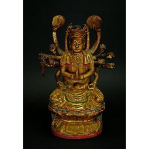 Antique Chinese Bodhisattva  Lacquered Painted Carved Wood. Qing.