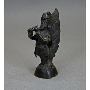 Ancien Bronze Thaïlandais Kinnara Divinité Bouddhiste Flûtiste Flûte