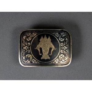 Belt Buckle  Silver Niello Three-headed Elephant Of Laos