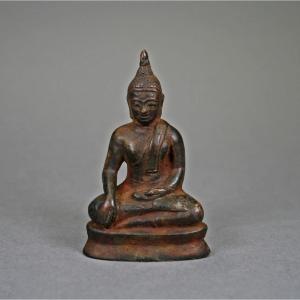 Petit Ancien Bronze Bouddha Shakyamuni Thaïlandais Thaï Bouddhiste Sculpture Bhumisparsha Mudra