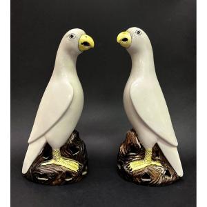 Pair Antique Chinese White Porcelain Parakeets Parrots