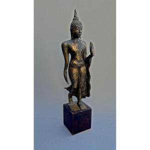 Ancien Bronze Doré Bouddha Marche Thai Style Sukhothai Geste De Réassurance Abhaya Mudra 