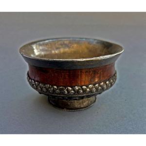 Antique Mongolian Chinese Tibetan Tea Bowl Sterling Silver And Rhododendron Wood