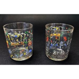 Pair Antique Spanish Tumblers In Enameled Glass 18th Century Viva El Rey De Espana