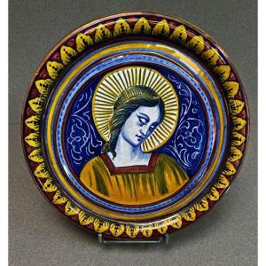 Antique Italian Maiolica Majolica Earthenware Plaque Virgin Mary Plaque Signed