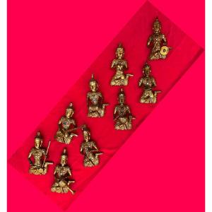 Traditional Thai Orchestra 9 Musicians Hand Carved Golden Wood With Inlaid Decor