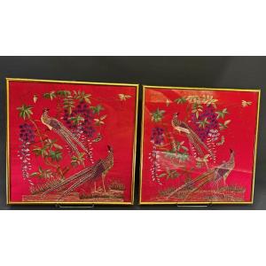 Pair Vietnamese Silk Embroidery Nguyen Dynasty