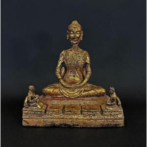 Rare Bouddha émacié En Bronze Doré Thaïlandais Rattanakosin Temple Bouddhiste