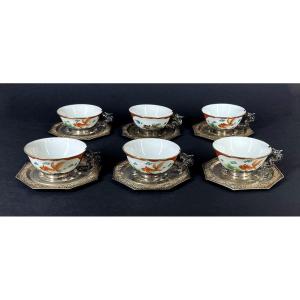 Antique Chinese Porcelain For Vietnam Tea Set  Silver Mounts Bleu De Hue