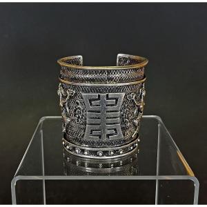 Bracelet Vietnamien Ancien En Argent Massif chinois Longue Vie Motif 