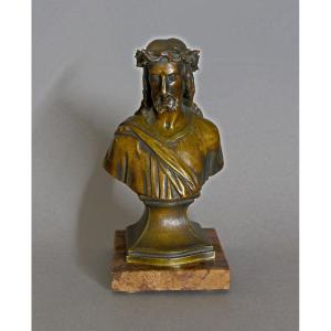 Buste En Bronze Jésus l'Homme Des Douleurs (Christ Couronné d'épines) XIXé