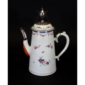 Compagnie Des Indes Chinese Export  Porcelain Coffee Pot Silver Mounts Adam Style C18th