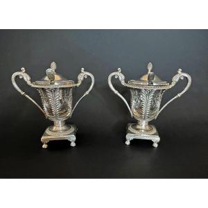 Denis Garreau - Pair Of Antique French  Silver & Crystal Mustard Pots, Restoration Period