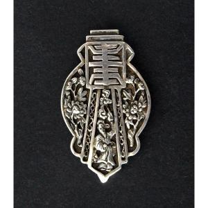 Une Pince à Broche Art Déco En Argent Massif Argent Massif Vietnamien Shou – Longévité