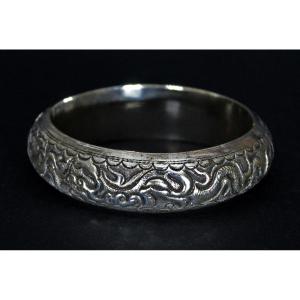 Vietnamese Solid Silver Ladies Bangle Bracelet  Indochina Dragon Shou  Longevity 