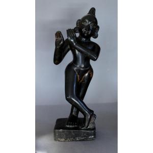 A Large  Black Stone Figure Of The Fluting Krishna India, Orissa, 18th/19th Century Hindu God