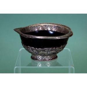 Antique Tibetan Ritual Libation Cup Silver & Horn Tibet Buddhist 