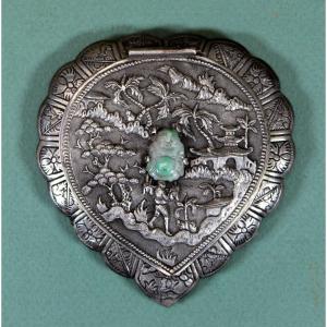 Vietnamese Antique Powder Compact With Jade Buddha