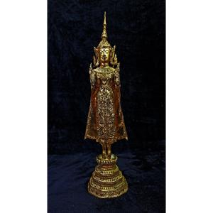Grand Bouddha Antique Thaïlandais En Bronze Doré Abhaya Mudra Protection Dissipe La Peur