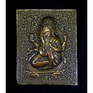 Ganesha - Large Antique Repousse  Brass Panel Hindu God Remover Of Obstacles