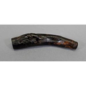 Antique Japanese Tobacco Pipe In Carved Horn Tiger Edo Period