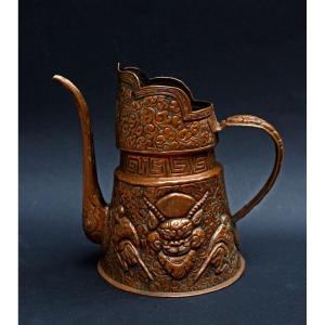 Aiguière De Dragon Tibétaine Antique "bonnet De Moine" Cuivre 