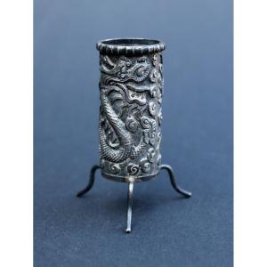Recipient De Outils d'Opium En Argent Chinois Antique