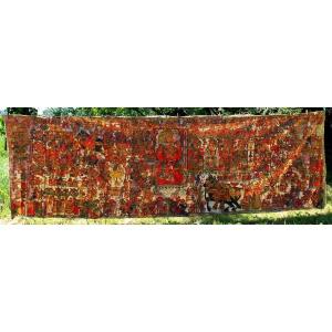 Grande Peinture Narrative Indienne Ancienne, Pabuji Ki Phad (140 X 450 Cm), Début Du XXe Siècle