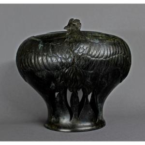 Jardinière Japonaise Antique En Bronze Poulets Coqs Ikébana