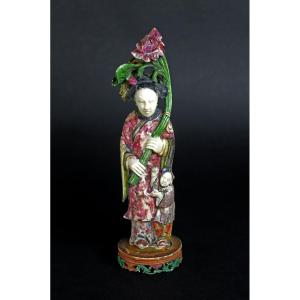  He XIangu "jeune Fille Immortelle Sculpture Antique En Ivoire De Chine Cantonaise XIXe Siècle