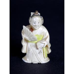 Antique Japanese Ivory Pendant, Netsuke, Geisha, Signed, Taisho Period