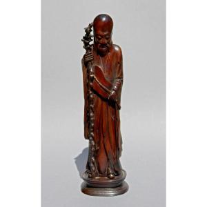 Ancienne Figure Chinoise Shoulao Bois Sculpté Dynastie Ming  XVIIe Siècle.