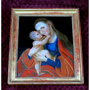 Tableau Ancien En Verre églomisé Vierge à l'Enfant
