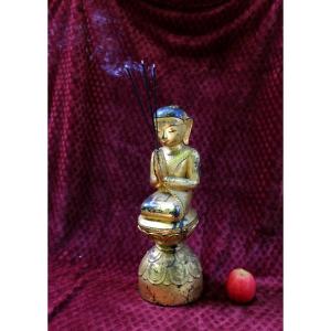 Moggallana, Disciple Of Buddha, In Adoration, Carved, Lacquered, Gilded Wood. Burmese Shan, 19th Century