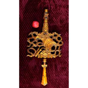 A Large Antique Vietnamese "babao" (eight Treasures) Gilt Wood Processional Standard