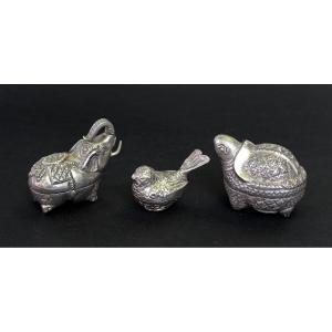 Three Antique Betel Boxes In Solid Silver, Elephant, Bird, Turtle 