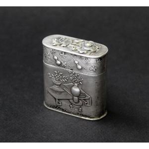 Antique Chinese Silver Opium Box – Imperial Dragon, Fu Character, Scholar’s Motifs