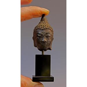Petite Tête de Bouddha en Bronze Ancienne, Thaïlande, XIVe–XVe Siècle (Période Sukhothaï)