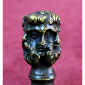 Canne de Collection en Rotin à Pommeau en Bronze, Tête de Janus, Europe, Fin XIXe