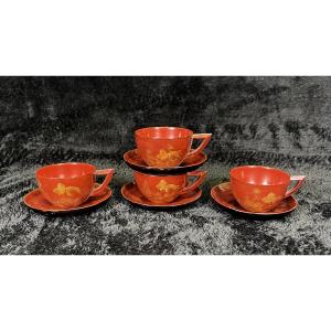 Tasses et Soucoupes Vietnamiennes en Laque aux Poissons Dorés, Signées Thanh Le, Milieu du XXe 