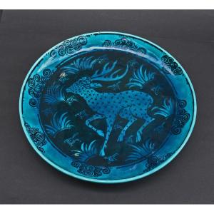Large Antique Persian Cobalt Ceramic Charger / Platter With Deer, 19th Century Islamic Qajar 